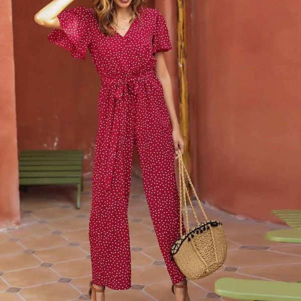 

women's jumpsuits & rompers fashion jumpsuit plus size womens korean version elegant v-neck casual loose polka dot short sleeve waist t, Black;white