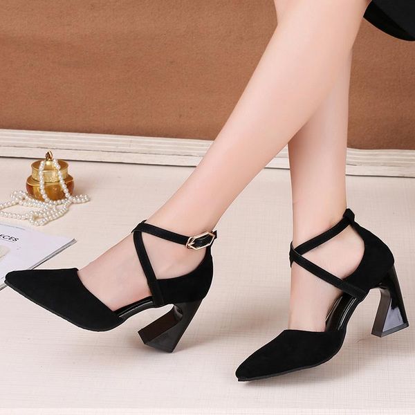 

dress shoes 2021 female cross lace up high heels elegant woman light color pumps thick heel comfortable spring fall single u22-82, Black