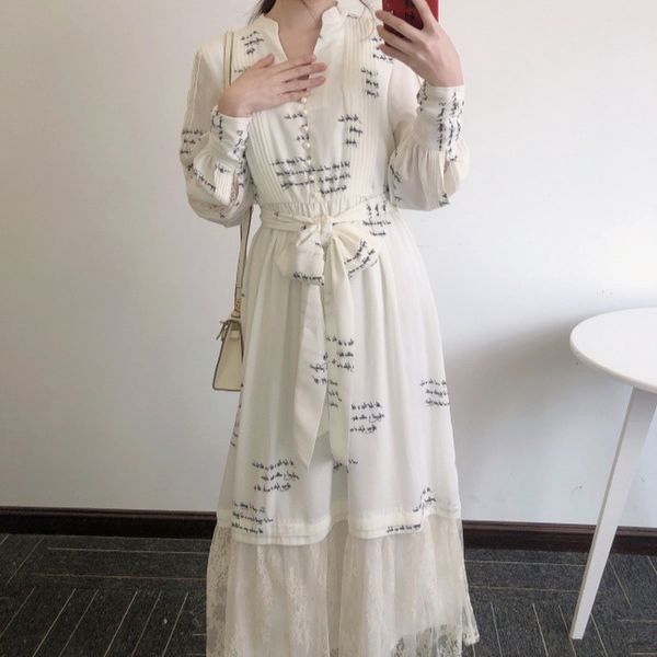 

spring lace patchwork elegant dress women v neck long sleeve vestidos high waist hip a line slim robe cottagecore 210514, Black;gray