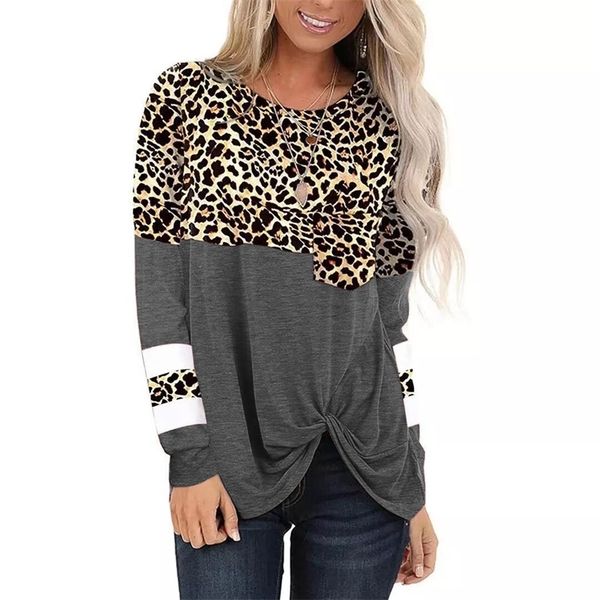 

spring women long sleeve t shirt casual o neck pocket female leopard stitching tees fashion loose lady hem kink t-shirt 210522, White