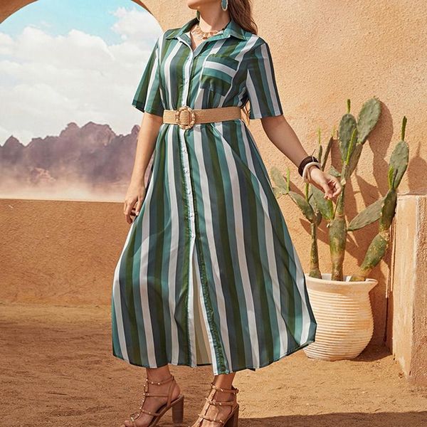 

plus size dresses 2021 summer women turn down collar short sleeve striped print shirt dress 4xl 5xl casual long, Black
