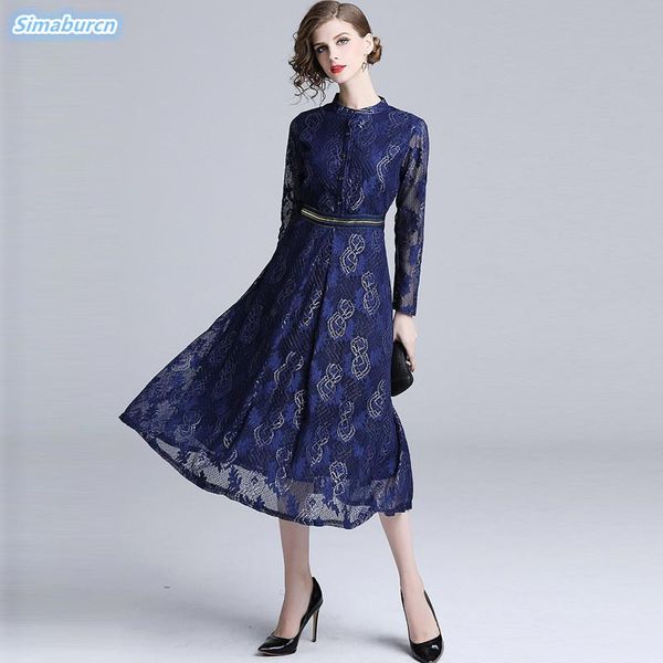 

casual dresses autumn lace dress women work slim fashion o-neck hollow out blue ladies a-line vintage vestidos 2021, Black;gray