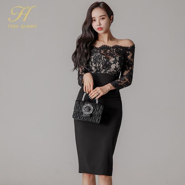

han queen spring pencil dress fashion slash neck vintage club party dresses korean lace patchwork sheath bodycon vestidos casual, Black;gray