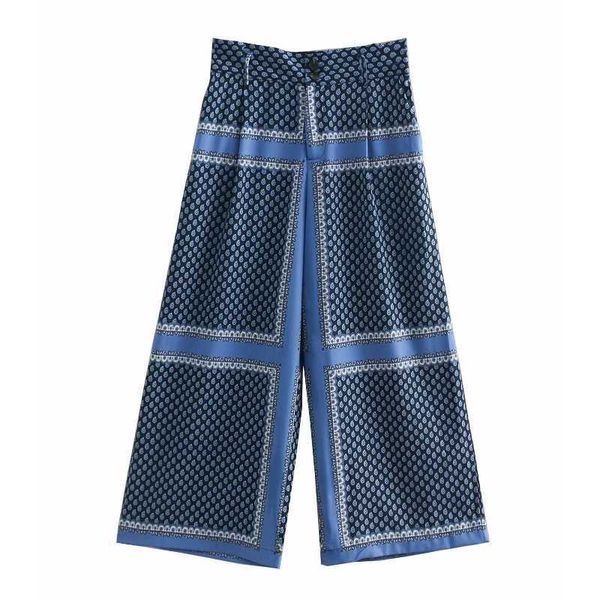 

women vintage position print panelled wide leg pants retro spliced trousers leisure ladies chic ankle length pants p272 210603, Black;white