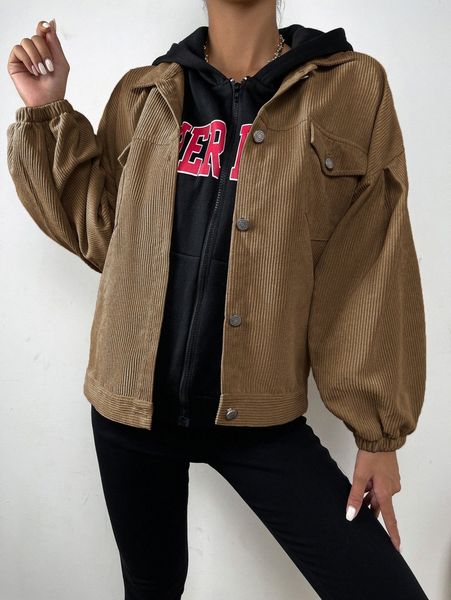 

flap pocket drop shoulder corduroy jacket n2hd#, Black;brown