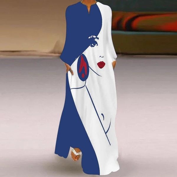 

elegant lady v-neck long sleeve party dress retro abstract face print loose maxi spring women pocket dresses vestidos casual, Black;gray