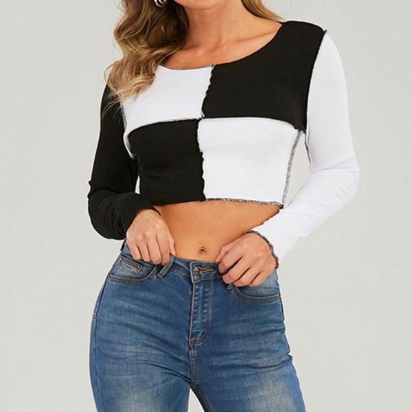 

women clothing 2021 crop plaid long sleeve colorblock slim knitted shirt for spring autumn women's t-shirt, White