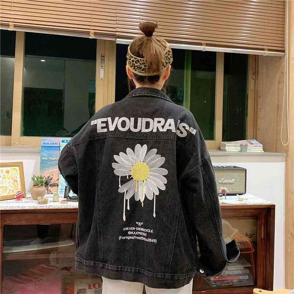 

women's jackets korean daisy embroidered denim women's large casual jacket loose boyfriend jean streetwear student fashion outerwe, Black;brown