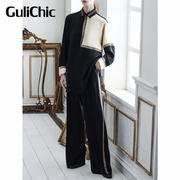 

4.3 high end quality contrast color embroidery silk shirt blouse or straight wide leg pants temperament casual set women women's two pi, White