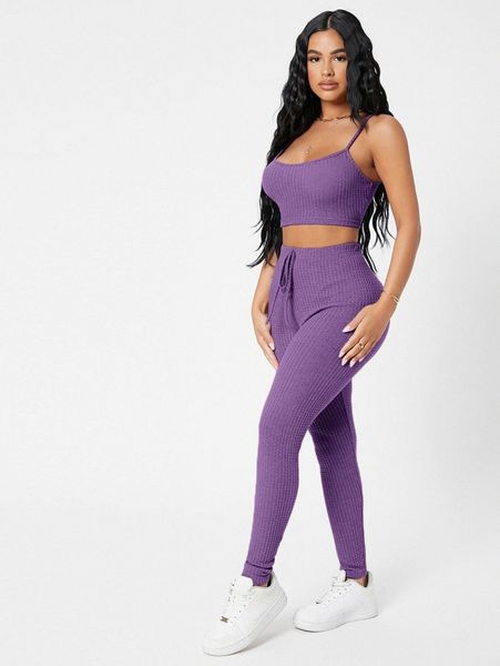 

petite waffle knit cami and leggings set v7z7#, White