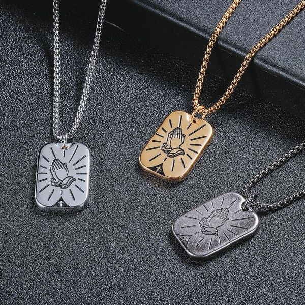 

vintage necklace street hip hop praying hands bible dog tag pendant couple personality fashion retro stainless steel necklaces, Silver