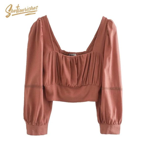 

women's blouses & shirts sheflourishes women vintage puff sleeve long crop female zoravicky blusas retro autumn tiny 2021, White