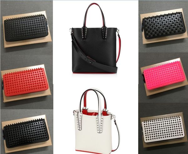 

handbag+wallets fashion red bottom men women shoulder bags genuine leather rivets spikes bow crossbody tote designer handbags shopping bag, Red;black