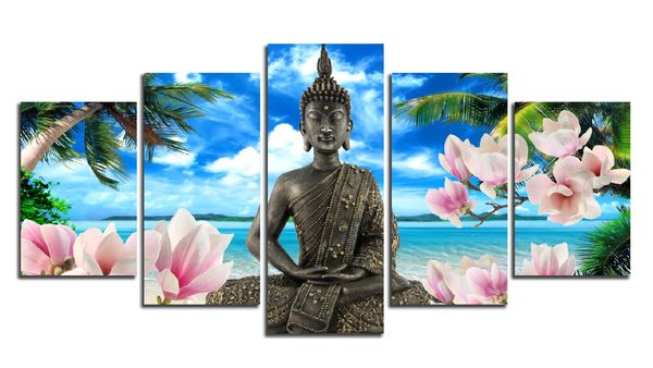 

5 pieces abstract blue pink flower buddha print painting decoration home wall pictures for kitchen no frame