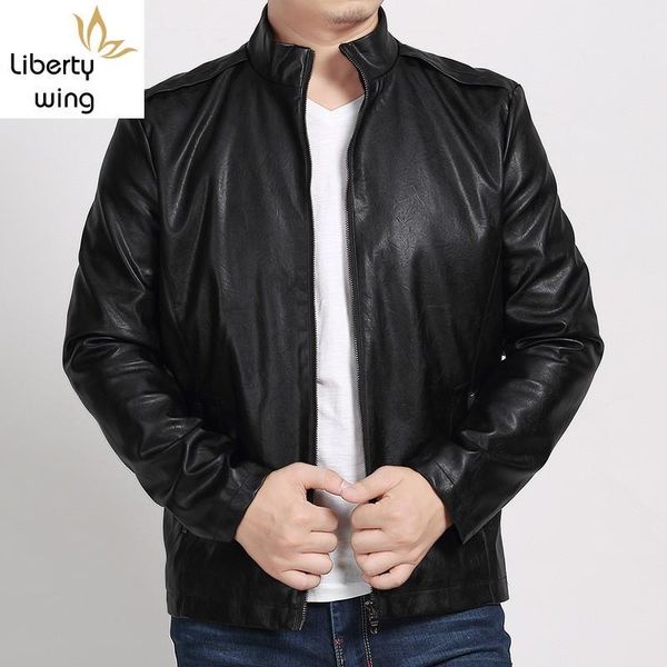 

men's fur & faux fashion mens sheepskin jacket stand collar business man casual pu leather outwear coat plus size 7xl biker jackets, Black