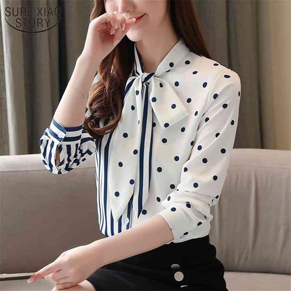 

blouse women autumn white polka dot chiffon shirt casual long sleeve striped bow button cardigan ladies 10755 210508