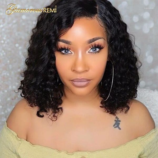 

curly short bob wig human hair brazilian t part lace wigs for black women density180 remy 8-16 inch1, Black;brown