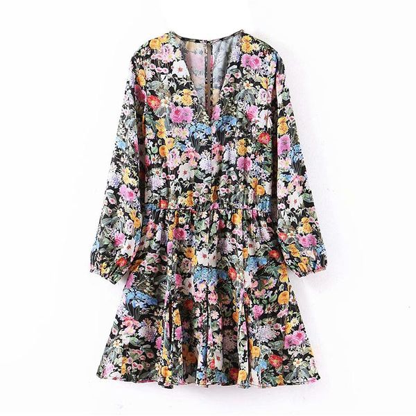 

casual dresses boho styles floral mini dress women v neck hollow out beach ladies lantern long sleeve female fashion pleated 2021, Black;gray