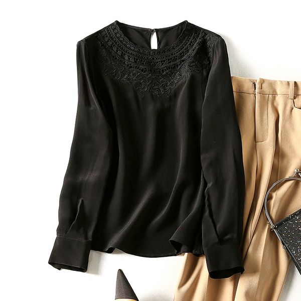 

women's blouses & shirts spring long sleeve round neck white / black pure color natural real silk embroidery soie blouse elegant casual