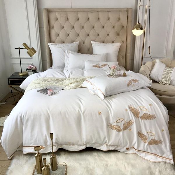 

bedding sets white blue purple gray 100% cotton sanding set gold embroidery cover angel bed linen wings pillowcase sheet duvet fitted