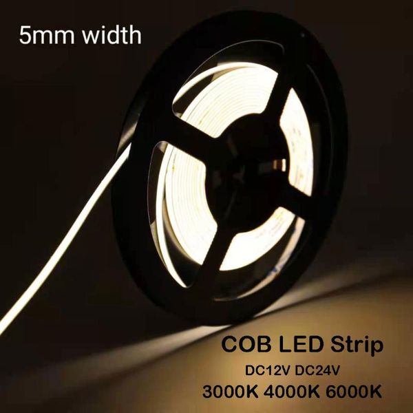 

super slim cob led strip linear rope light 5m per roll 5mm width12v 24v no spot 480led 45w cold warm nature white strips