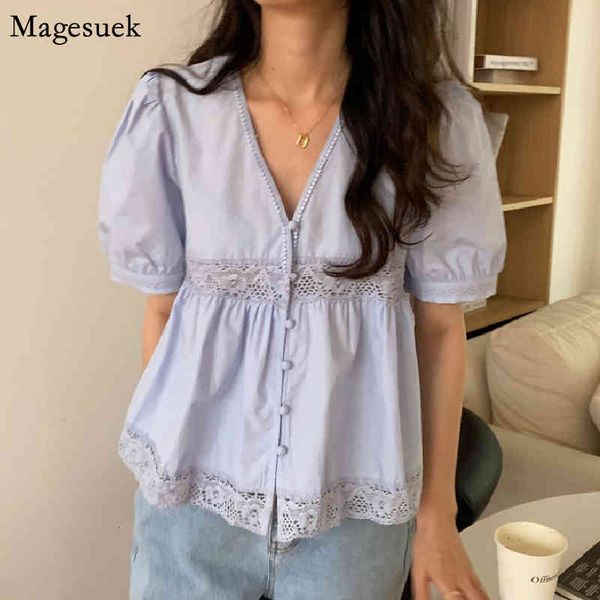 Chic Sweet V Neck Lace Pufo de Manga Curta Camisa Feminina Coreana Oco Elegante Blusa Branca Mulheres Tops Loose Blusas Moda 14544 210518