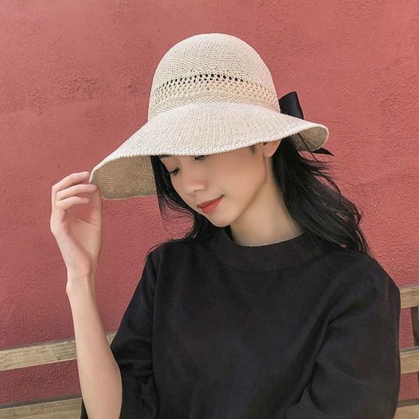 

knitted empty hat female summer sunscreen bow big straw outdoor sun hats, Black;white