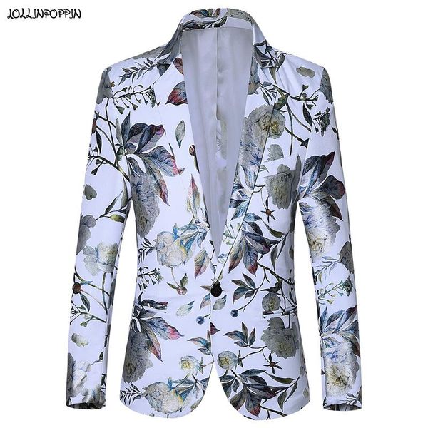 

men's suits & blazers floral men suit jacket notched lapel single button mens casual flowers leaf printed coat male outerwear, White;black