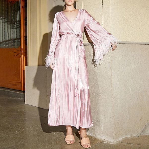 

casual dresses 2021 autumn long fashion design pink flare sleeve feathers belt holiday dress, Black;gray