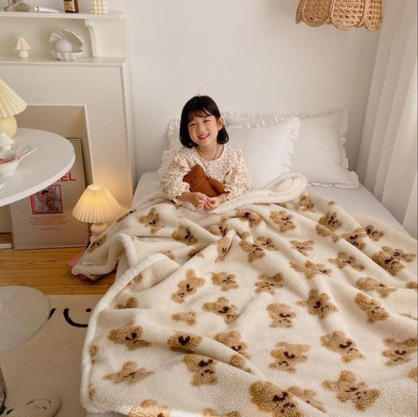 Cobertores desenhos animados urso marrom pêssego sherpa cobertor família kindergarten napping colcha para crianças crianças meninos meninas bebê presente de natal