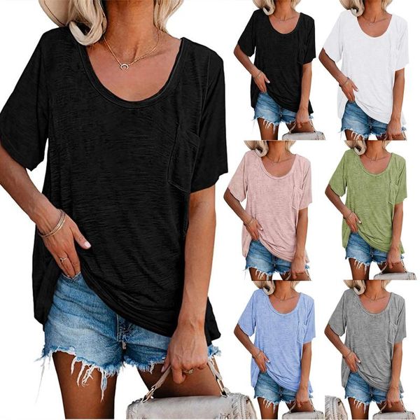 

women's blouses & shirts 2021 black for ladies summer clothing casual fashion loose solid color with pocket round neck short sleeve sh, White