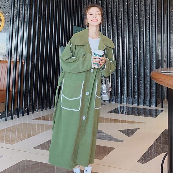 

spring long-sleeved turn down collar single breasted panelled green lace up over knee windbreaker overcoat 8p071 210510, Tan;black