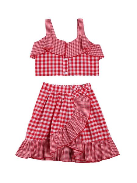 

clothing sets 2pcs kids girl's fashionable casual suit plaid button short waistcoat bow falbala irregular skirt daily life sundress, White