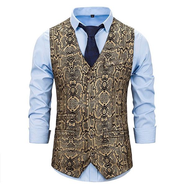 

men's vests snake skin print bronzing vest men nightclub prom slim fit colete social masculino vintage single breasted sleeveless waist, Black;white