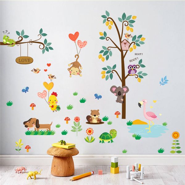 Foresta Giungla Animali Selvatici Gufo Scimmia Tartaruga Albero Wall Sticker Decal Camera da letto Soggiorno Wall Art Home Decor Murale Poster 210420