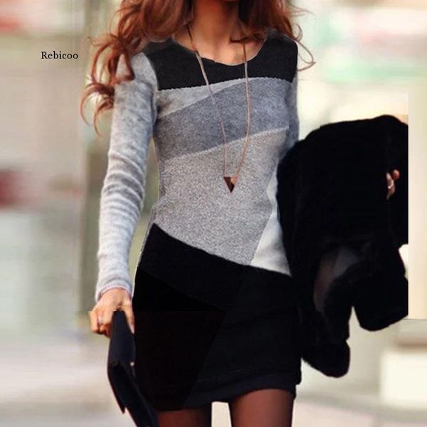 

casual dresses fashion patchwork dress women elegant o-neck long sleeve slim party office lady autumn spring all-match, Black;gray