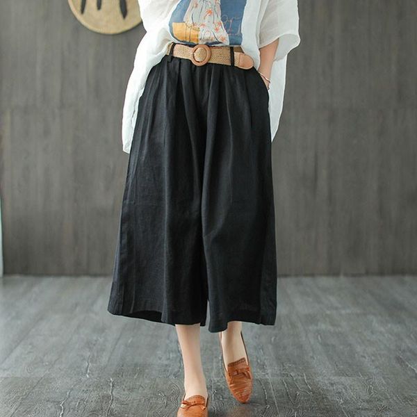 

women's pants & capris johnature 2021 summer women solid color cotton linen elastic waist wide leg loose leisure all-match calf-length, Black;white