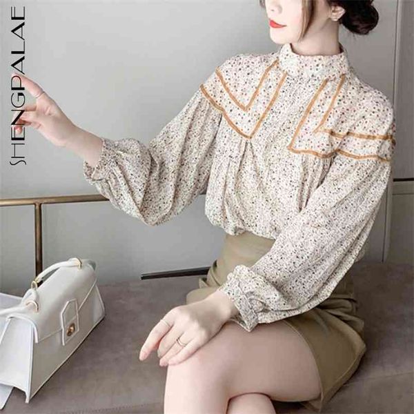 

elegant floral blouse women's spring stand collar spliced contrast loose lantern sleeve shirt female 5c227 210427, White