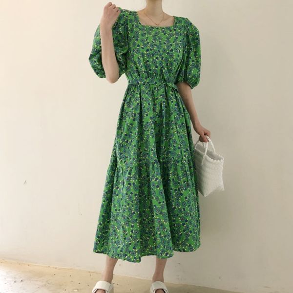 

women green casual pleated long dress square collar half puff sleeve loose fit fashion spring autumn 2f0616 210510, Black;gray