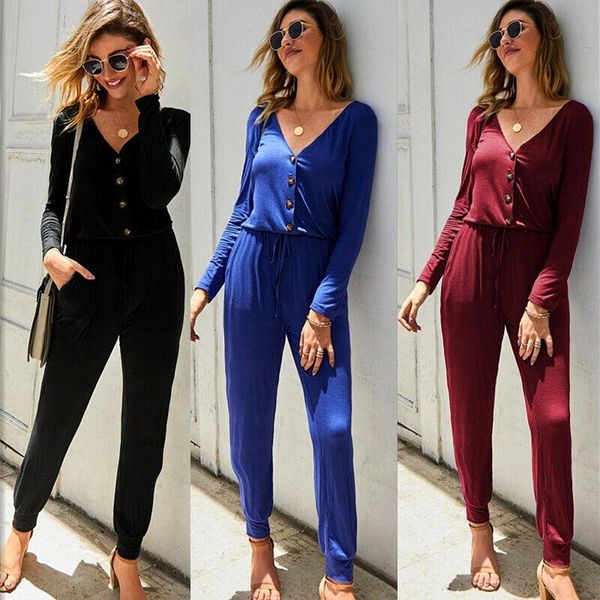 

women's jumpsuits & rompers button v-neck long sleeve solid color belted jumpsuit ladies casual stretchy playsuits 3colors, Black;white