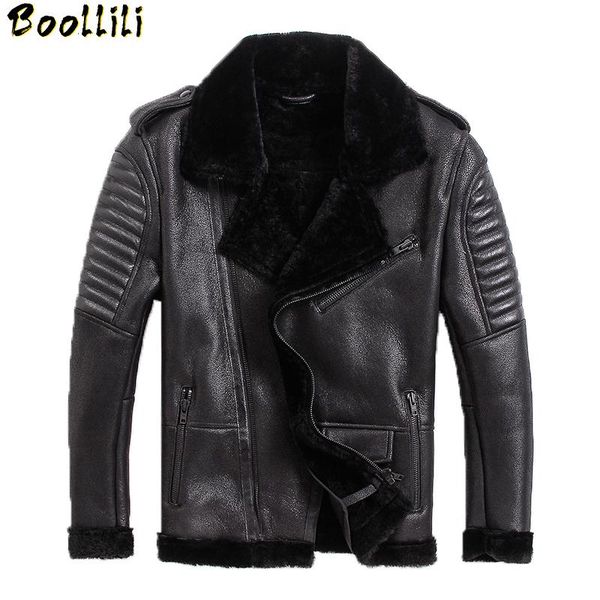 

men's leather & faux boollili genuine jacket men winter sheepskin coat warm motorcycle sheep shearling man wool lining coats, Black