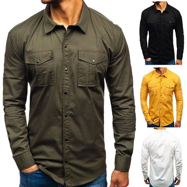 

men's casual shirts 2021 summer basic military tactical shirt solid color long-sleeved formal work, White;black