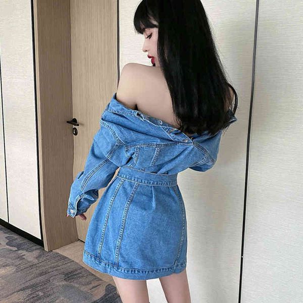 

women's jackets women denim jacket spring elegant belt tunic long sleeve blue jeans coat korean casual turn down collar outwe, Black;brown