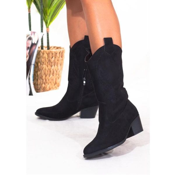 

boots black color pu suede leather season autmn winter fashion western stylish middle heel female women lady