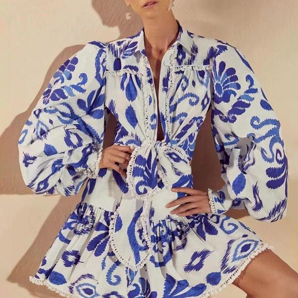 

australian fashion brand 2021 tassel binding print shirt + high waist a-line skirt suit women's 83342 two piece pants, White
