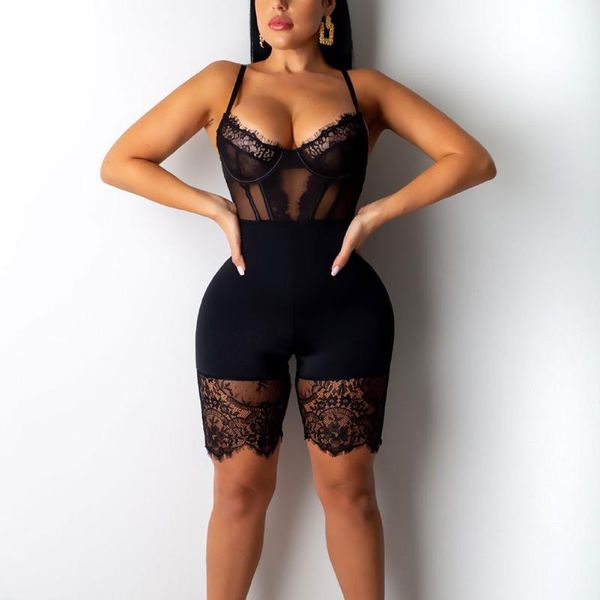 

women's jumpsuits & rompers women spaghetti strap perspective lace patchwork zipper nightclub jumpsuit fea889, Black;white