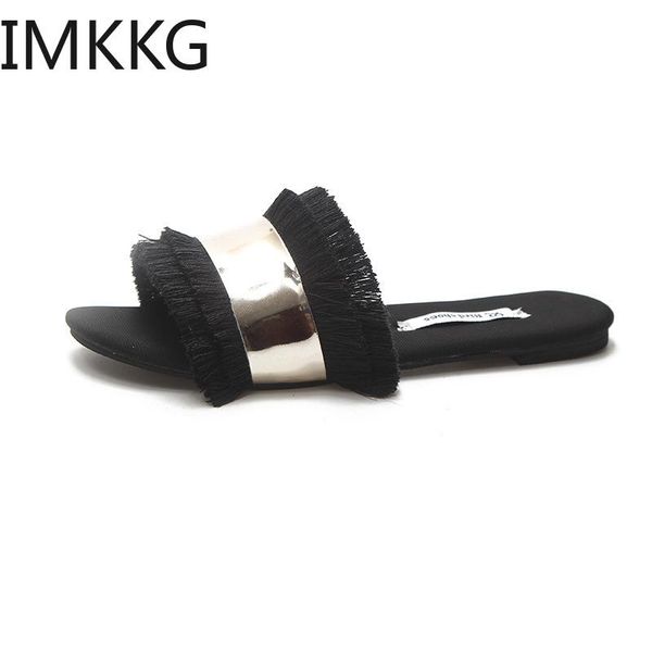 

slippers 2021 women cozy shoes woman fashion metal bling slides fur fringe flip flops summer flat outside ladies, Black
