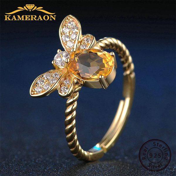 

cluster rings 925 sterling silver ring for women natural ametrine stone jewelry 18k gold-plated gemstone fashion small bee lover gift, Golden;silver