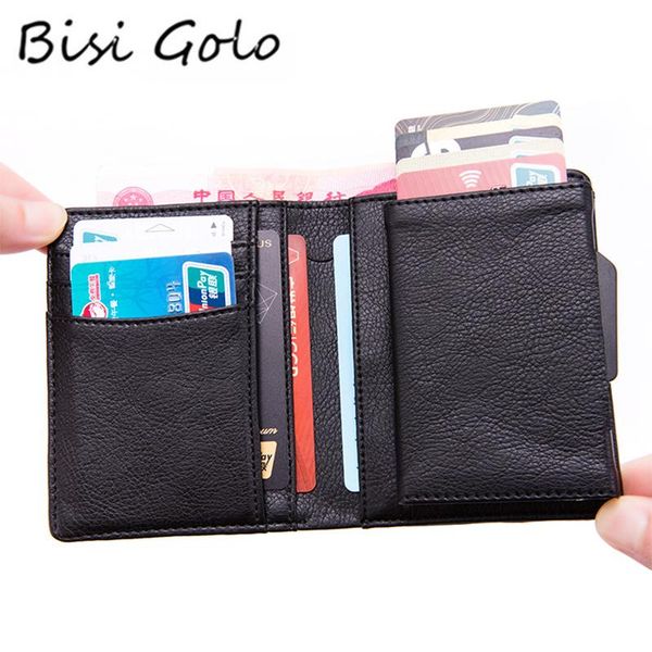 

card holders bisi goro pu leather rfid fashion case aluminum box multifunctional business wallet up holder, Brown;gray