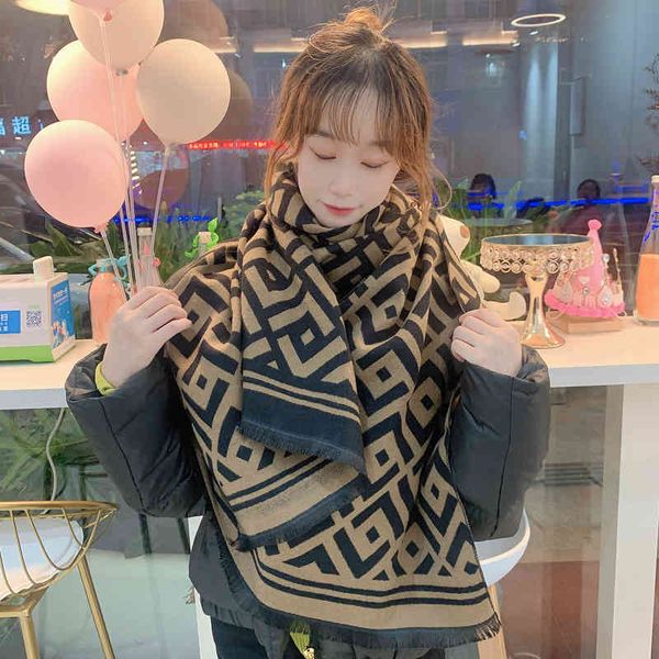 

design oblique letter scarf female winter net red double-sided warm bib and autumn korean version versatile imitation cashmere shawl, Blue;gray